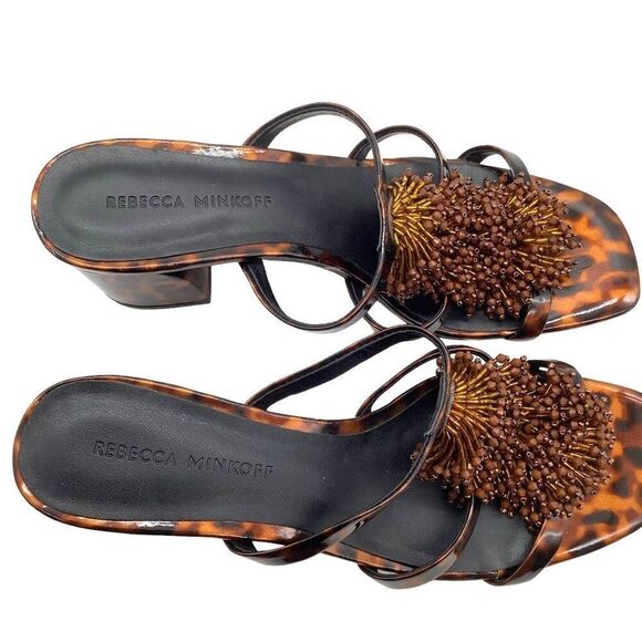 REBECCA MINKOFF 7 37.5 Raygan Seed Bead Fringe Tortoise Print Heeled Mule Sandal - Picture 9 of 14